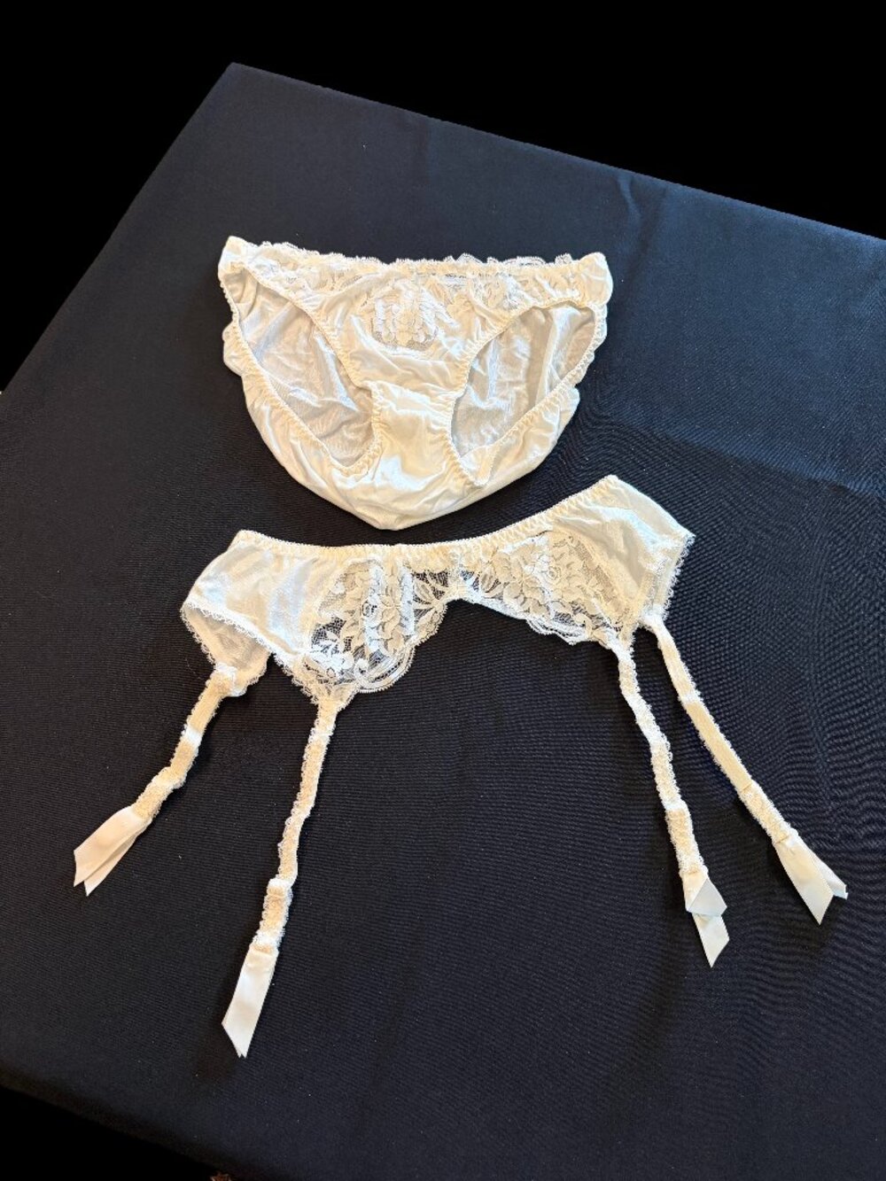 Victoria's Secret ivory beaded satin lace panty and matching garter belt